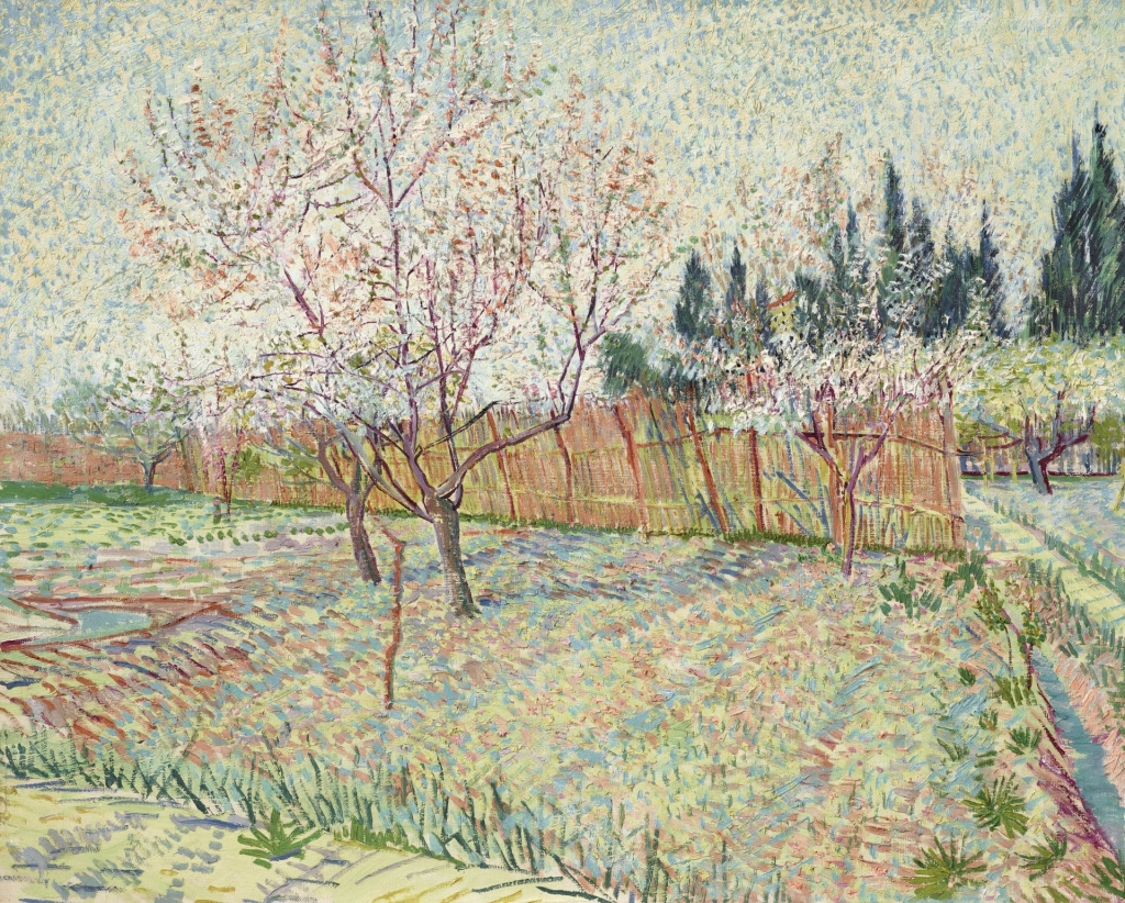 文森．梵谷，《有柏樹的果園》，油彩畫布，65.2×80.2 cm，1888。估價待詢，超逾1億美元。（佳士得提供）