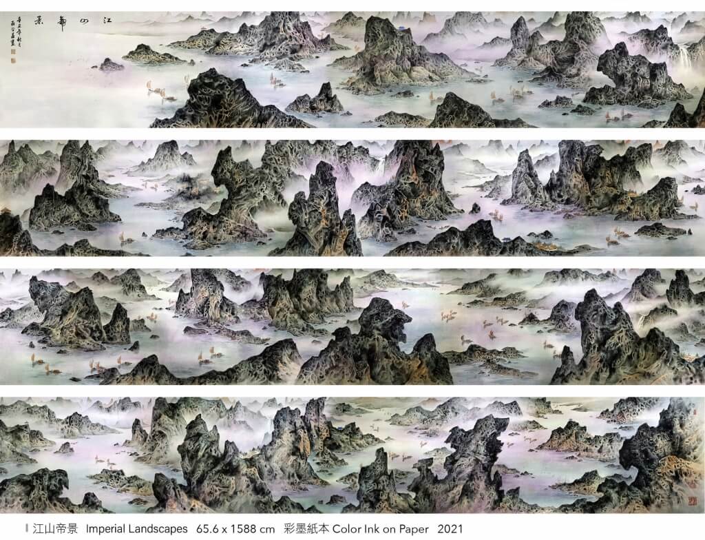 巫登益，《江山帝景》，彩墨紙本，65.6×1588公分，2021。（巫登益美術館提供）